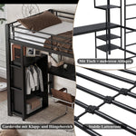 Iron Bunk Bed with Table Wardrobe Storage Ladder 90x200cm, Black Iron/Chipboard