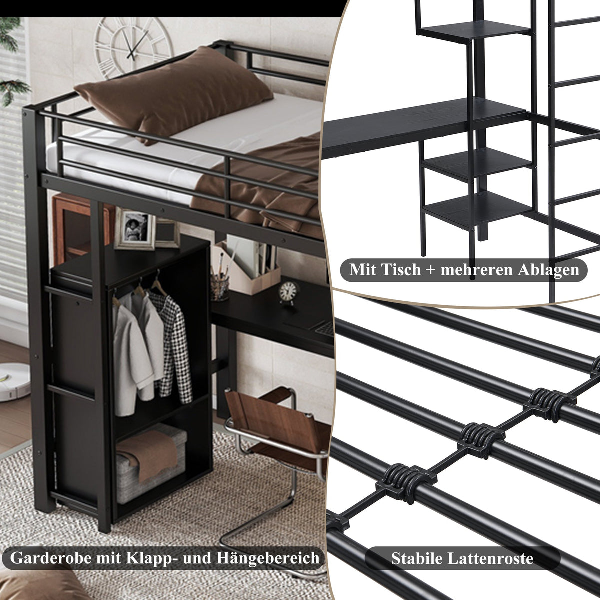 Iron Bunk Bed with Table Wardrobe Storage Ladder 90x200cm, Black Iron/Chipboard