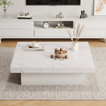 Modern white square coffee table, 90 x 90 x 25 cm with four drawers, sliding tabletop, 30 kg load capacity, marble look