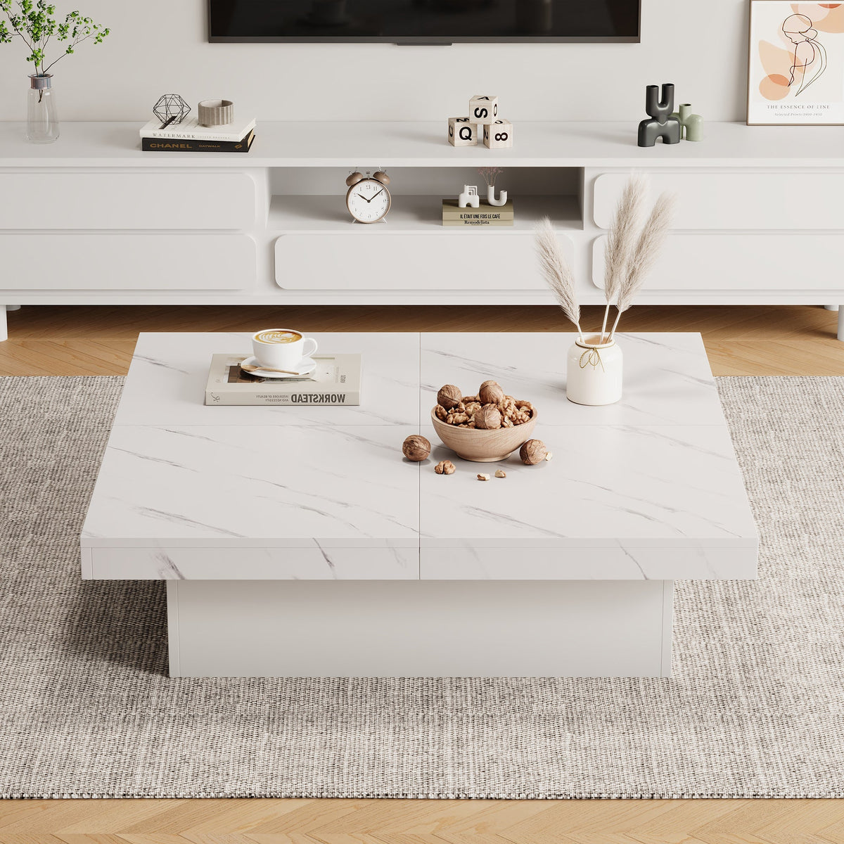 Modern white square coffee table, 90 x 90 x 25 cm with four drawers, sliding tabletop, 30 kg load capacity, marble look