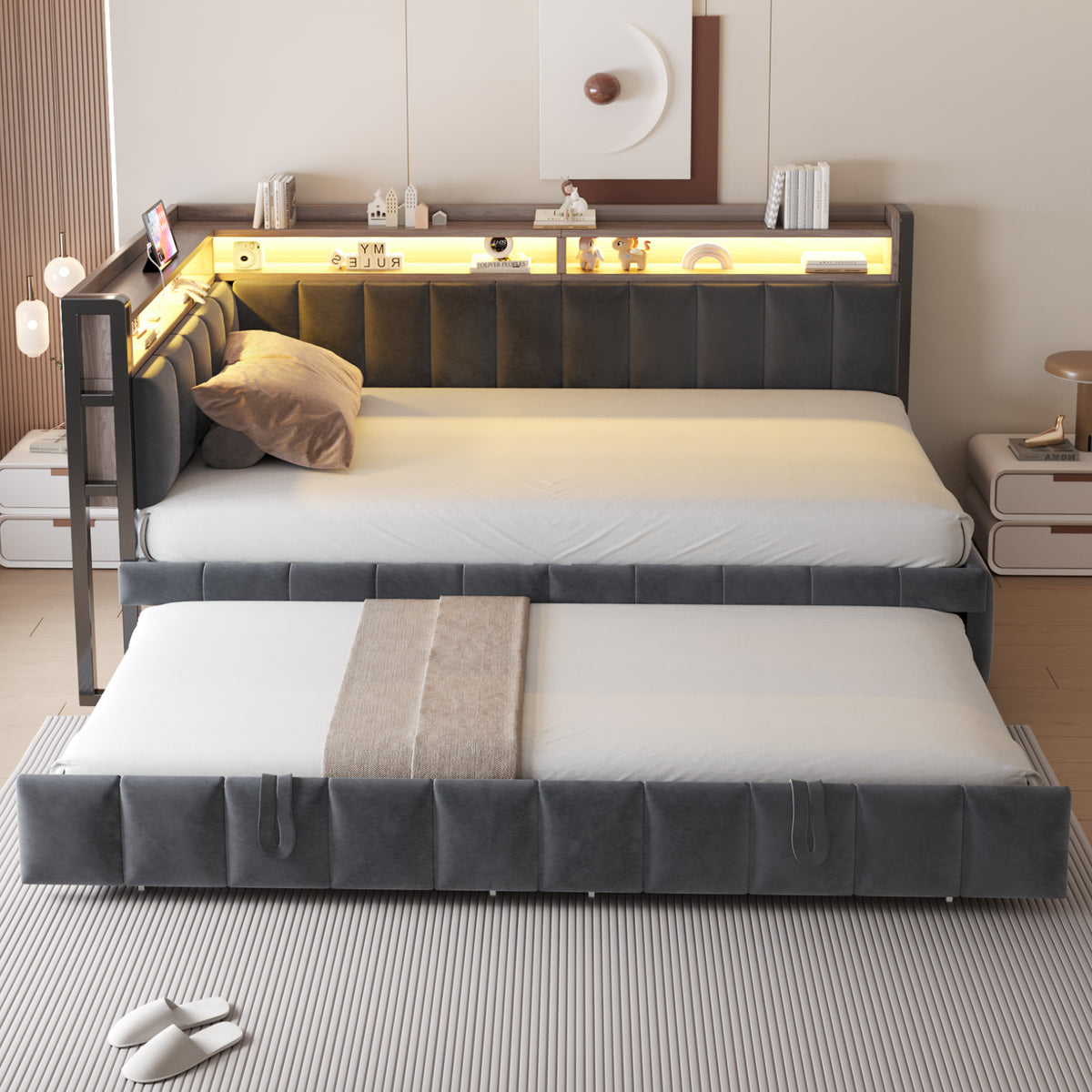 Upholstered Sofa Bed 90x200cm with Trundle & LED, Dark Grey Velvet