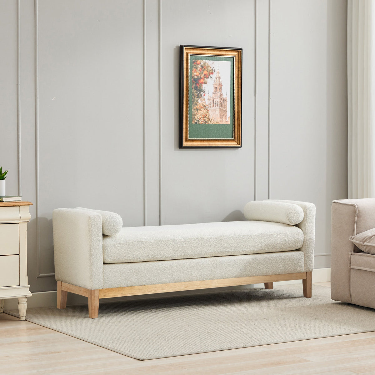 Elegant Upholstered Bench, Daybed Ottoman with Wood Legs and 2 Bolster Pillows, Ivory Boucle
