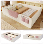 Upholstered Bed 140x190cm with Safety Rails & Storage, Beige Velvet