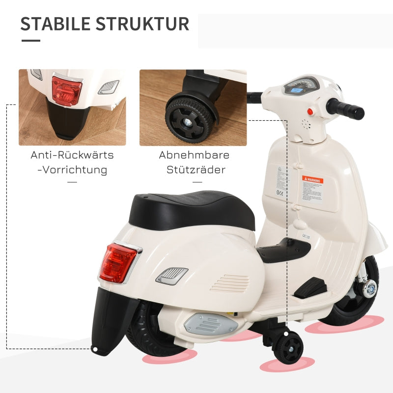 VESPA Electric Motorcycle for Kids, LED Light & Sound, PP Plastic & Metal, White