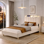 Upholstered Single Bed 90x200cm with USB & Lamp, Beige Velvet