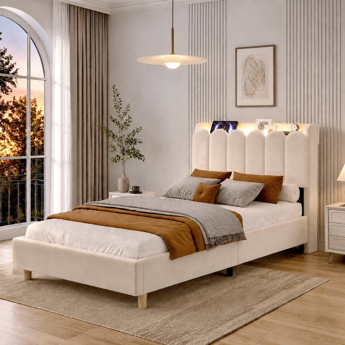 Upholstered Single Bed 90x200cm with USB & Lamp, Beige Velvet