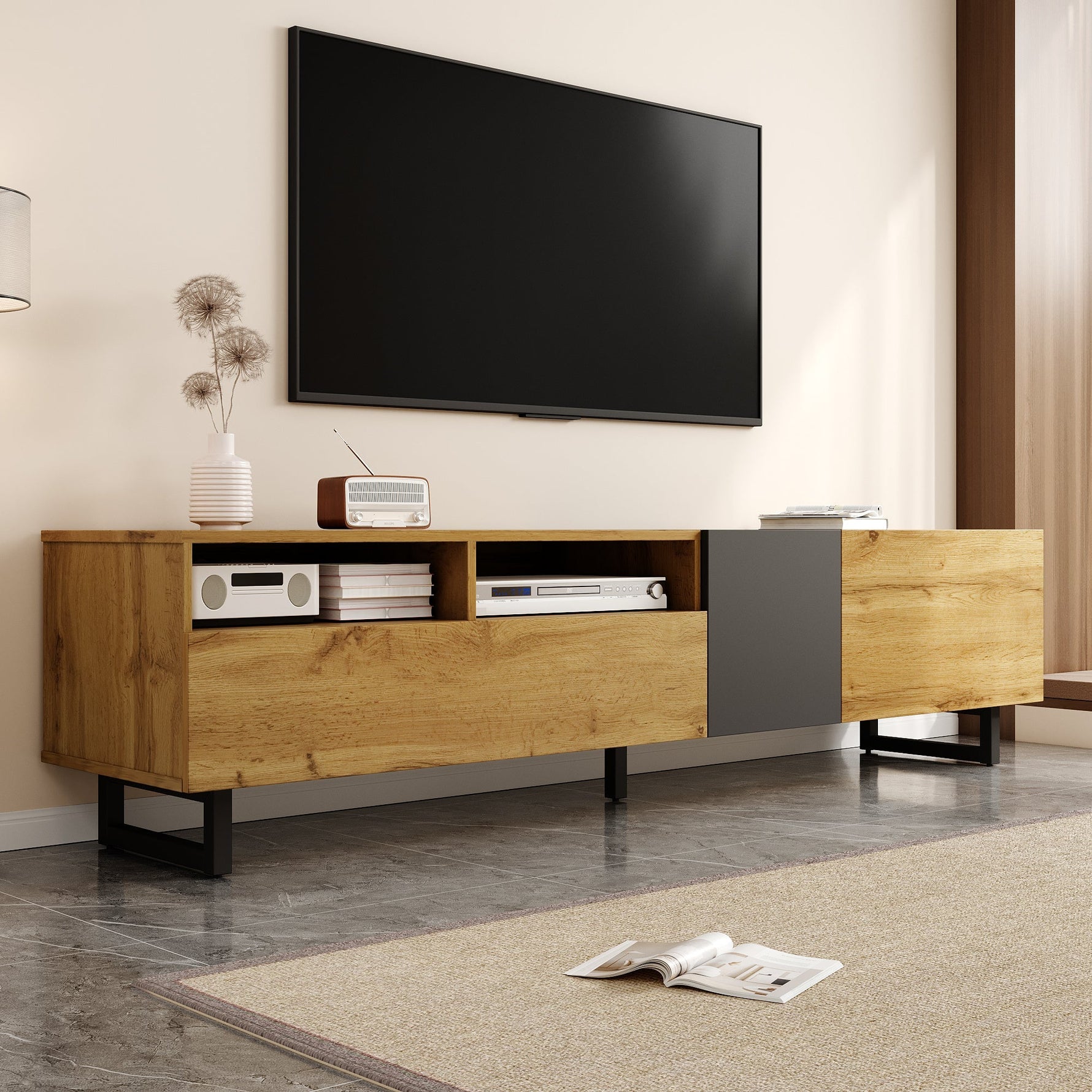 Colorblock TV Cabinet, 3 Doors 2 Compartments U-shaped Metal Legs, Retro Wood Grain
