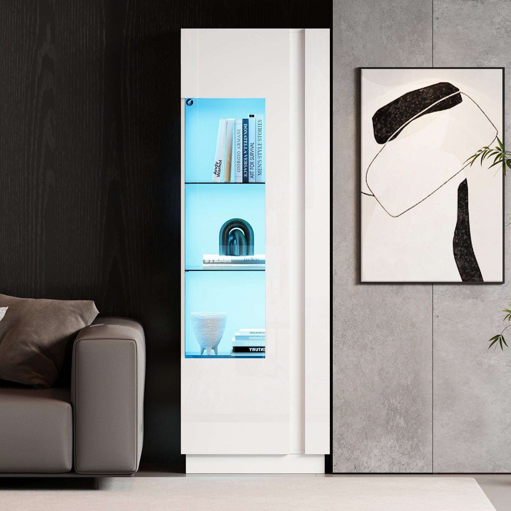 Cabinet, 60x40x180cm High-Gloss Display with LED Lighting, White Acrylic
