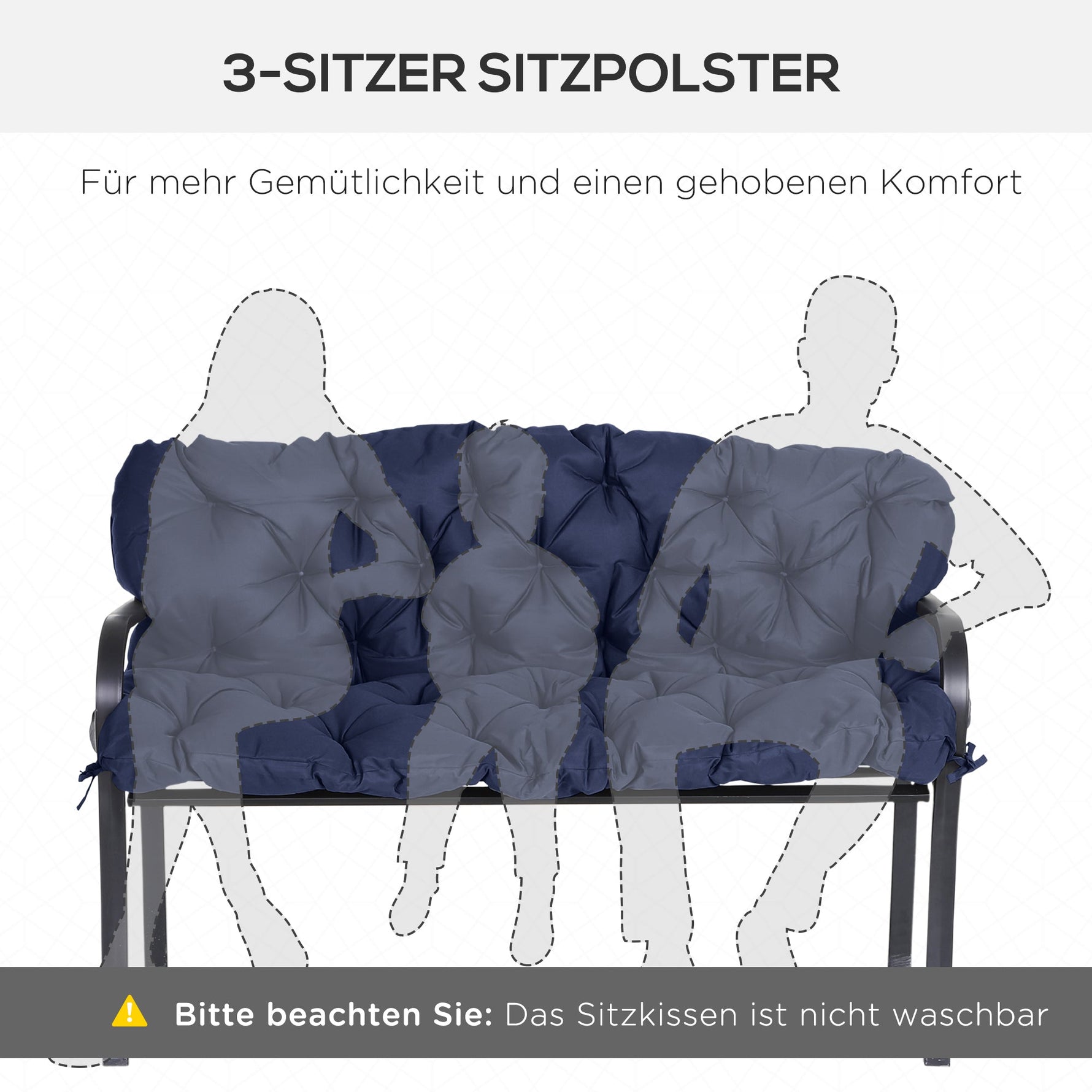 3-Seater Bench Cushion 150x98x8 cm, Outdoor/Indoor Seat Pad with Ties, Dark Blue