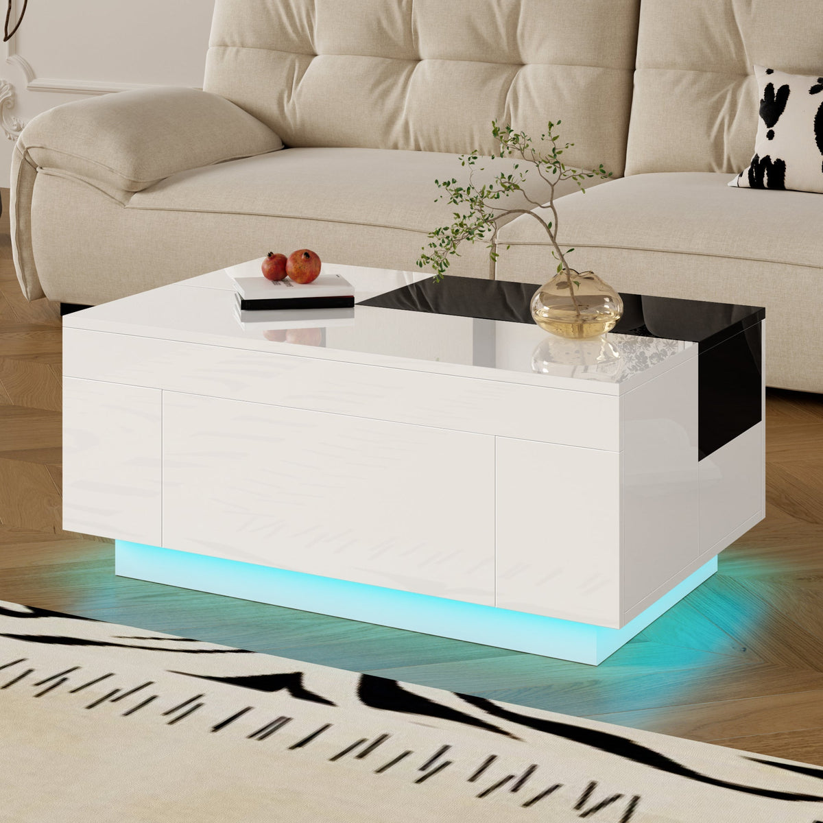 Coffee Table with LED Lighting, Extendable Tabletop, Storage - Black and White