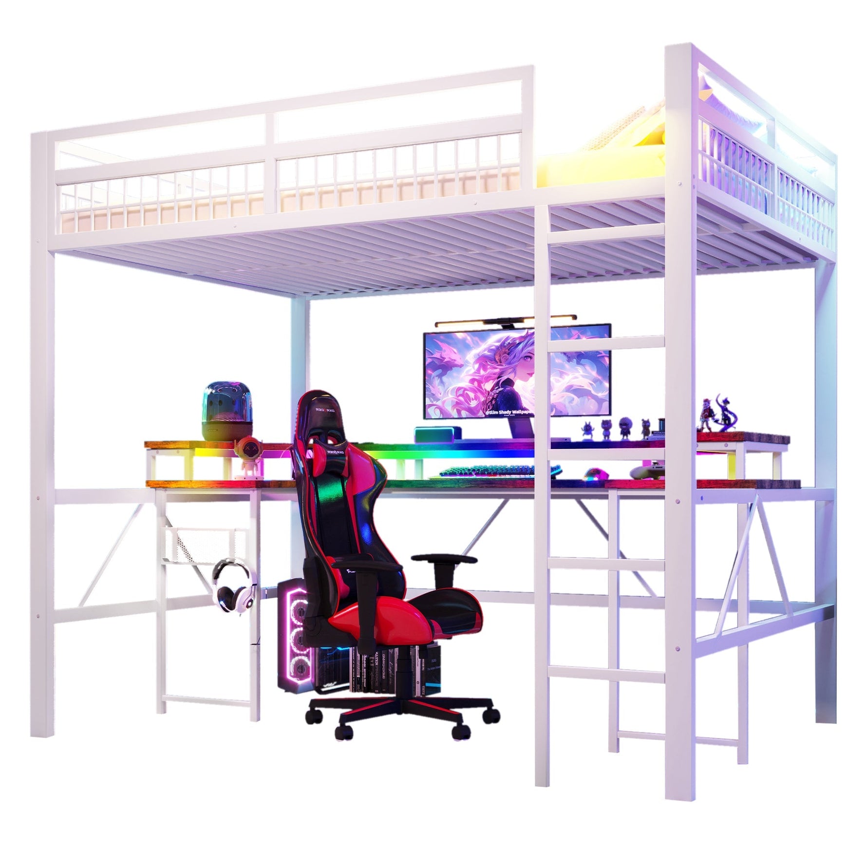 Loft Bed with Desk, LED Light Strip, USB Ports and Pegboard, White Metal Frame