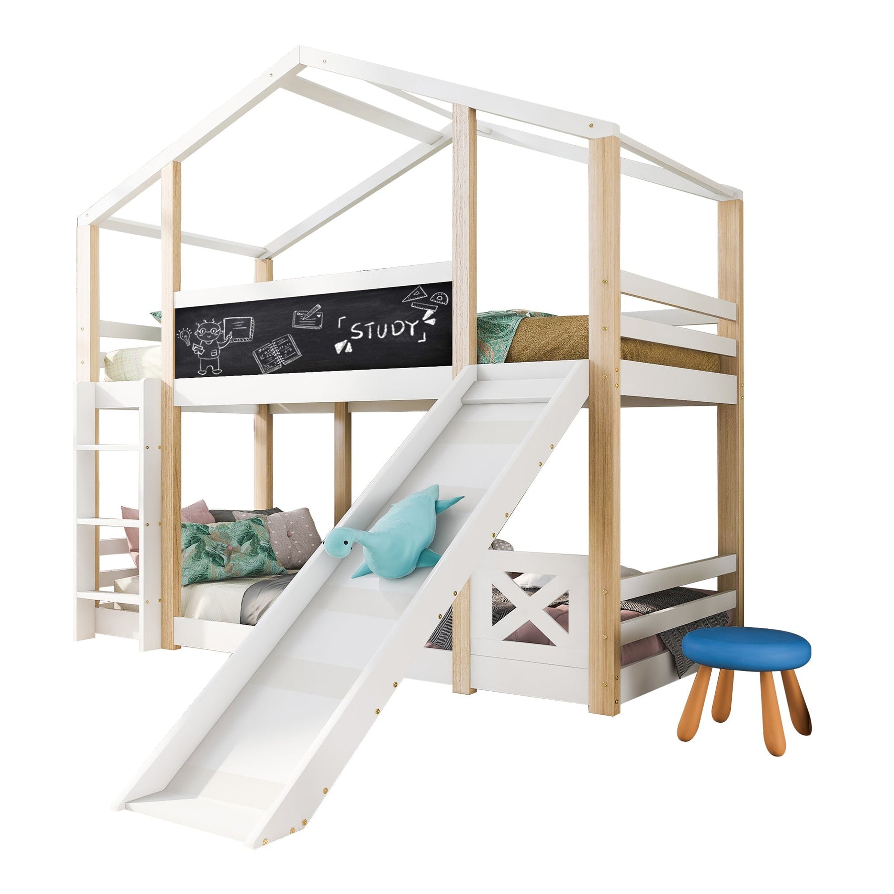 Children's Bed Tree House, Loft Bed with Slide & Ladder, 90x200cm, Natural & White