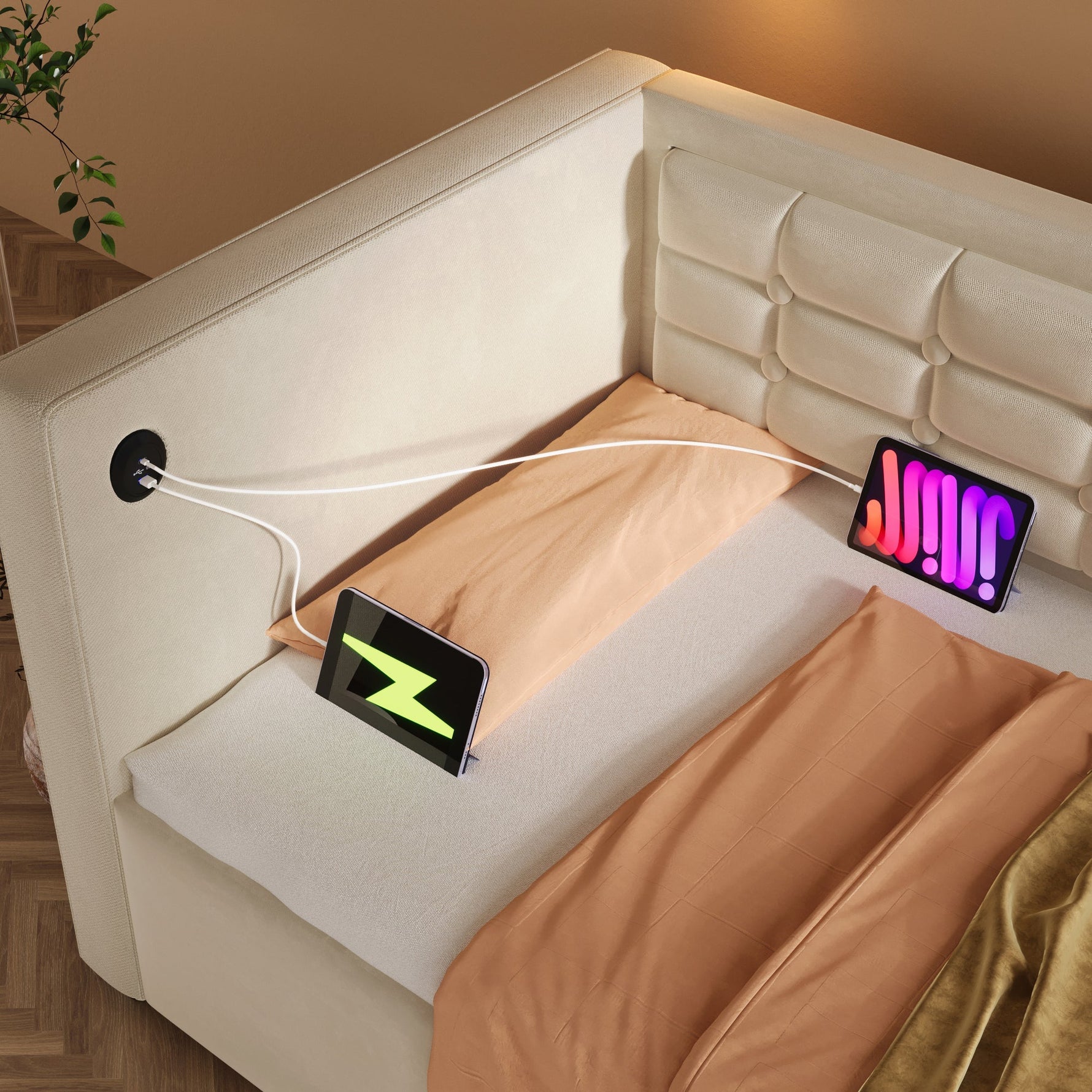 Sofa Bed 90x200cm, Single with Hydraulic Storage & USB/Type-C Charging, Beige Velvet