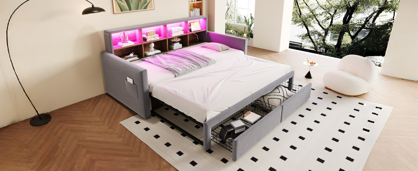 Extendable Upholstered Sofa Bed with LED Headboard, Storage and Charging Ports, Light Grey Velvet