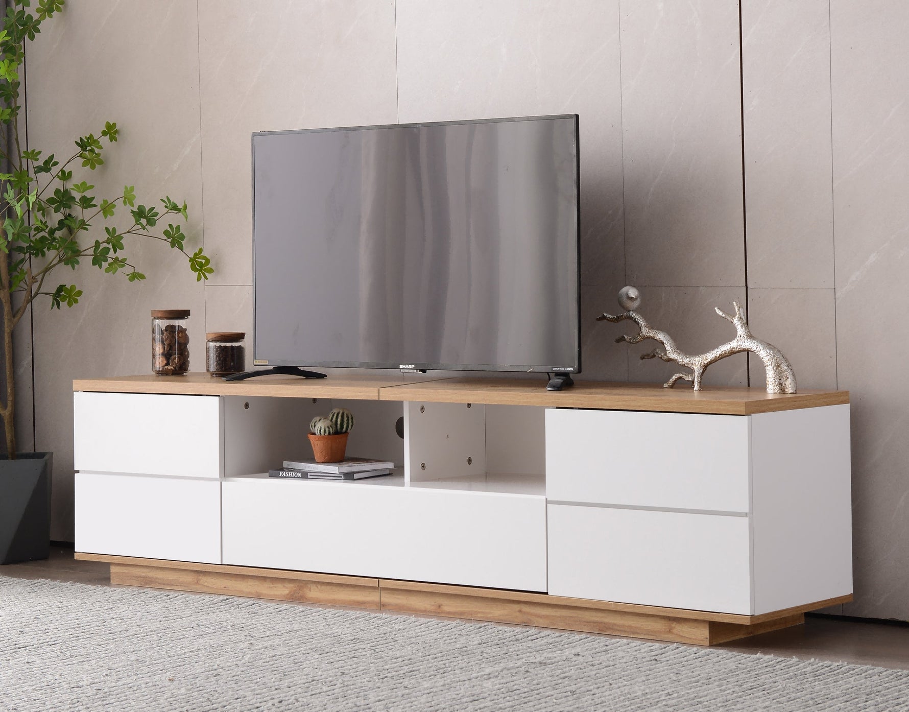 TV Cabinet Modern Color-Block 180cm Wood Grain Finish White