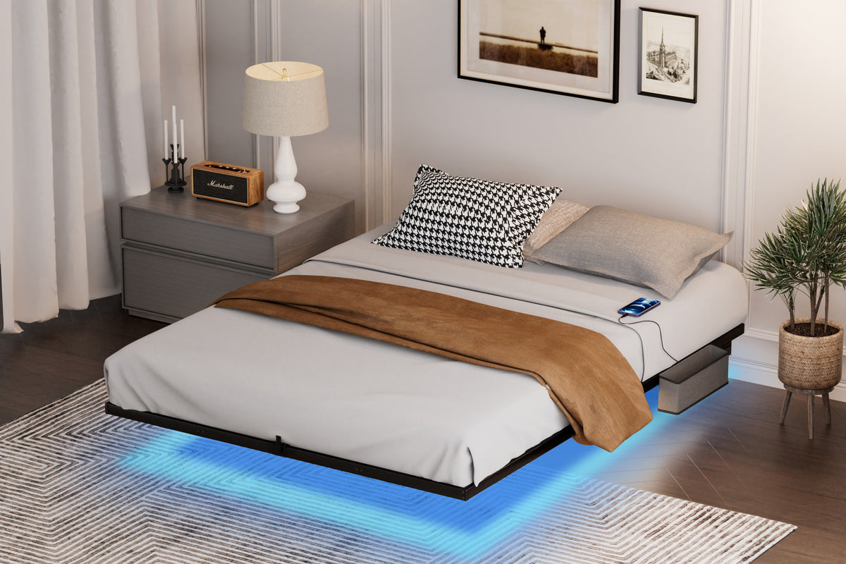 Floating Metal Bed with LED Lighting, 160x200 cm, Black