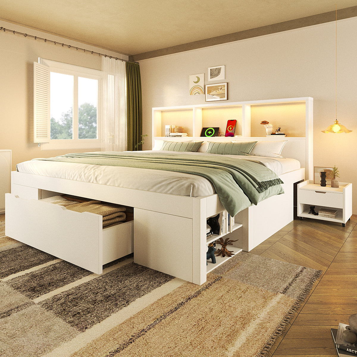 Double Bed 140x190cm with Storage, LED & USB, White Wood