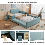 Upholstered Single Bed, Desk Stool Storage Headboard 90x200cm, Blue Velvet