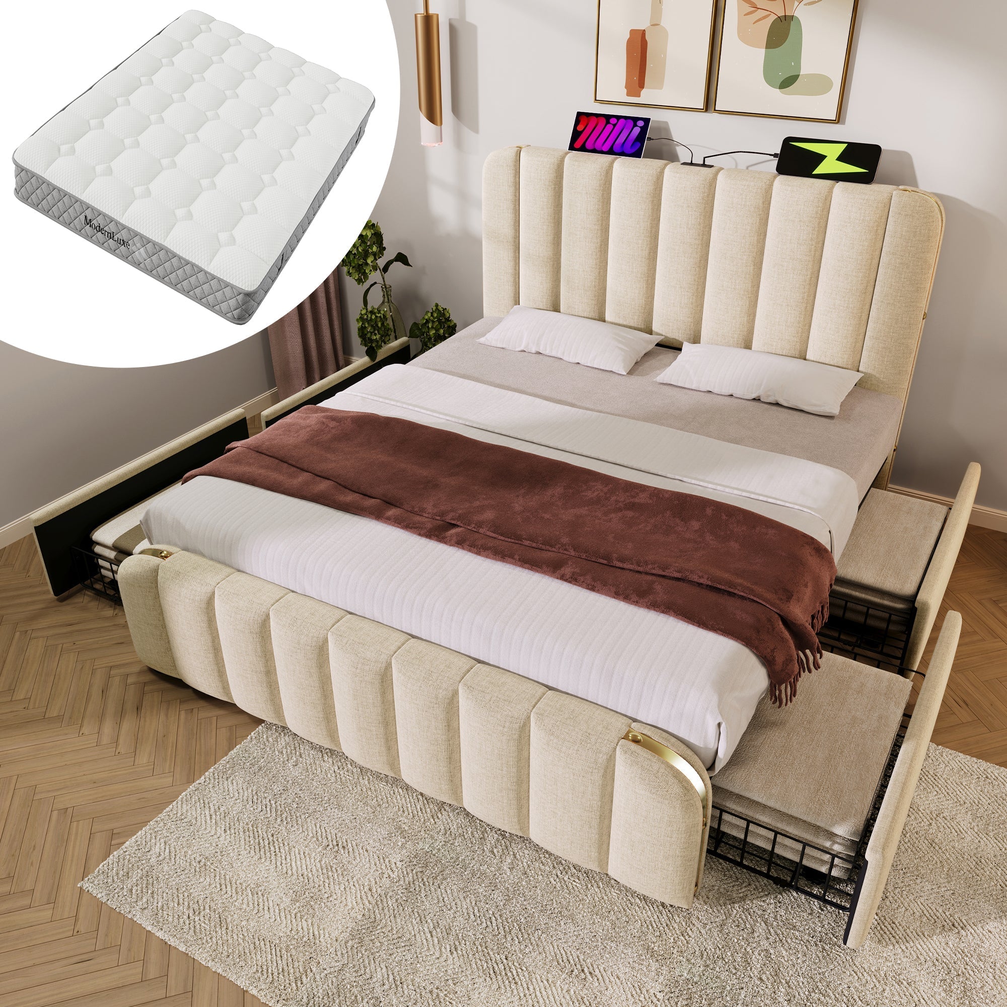 Upholstered Bed 160x200cm, Padded Headboard USB-C 4 Drawers, Beige Linen