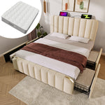 Upholstered Bed 160x200cm, Padded Headboard USB-C 4 Drawers, Beige Linen