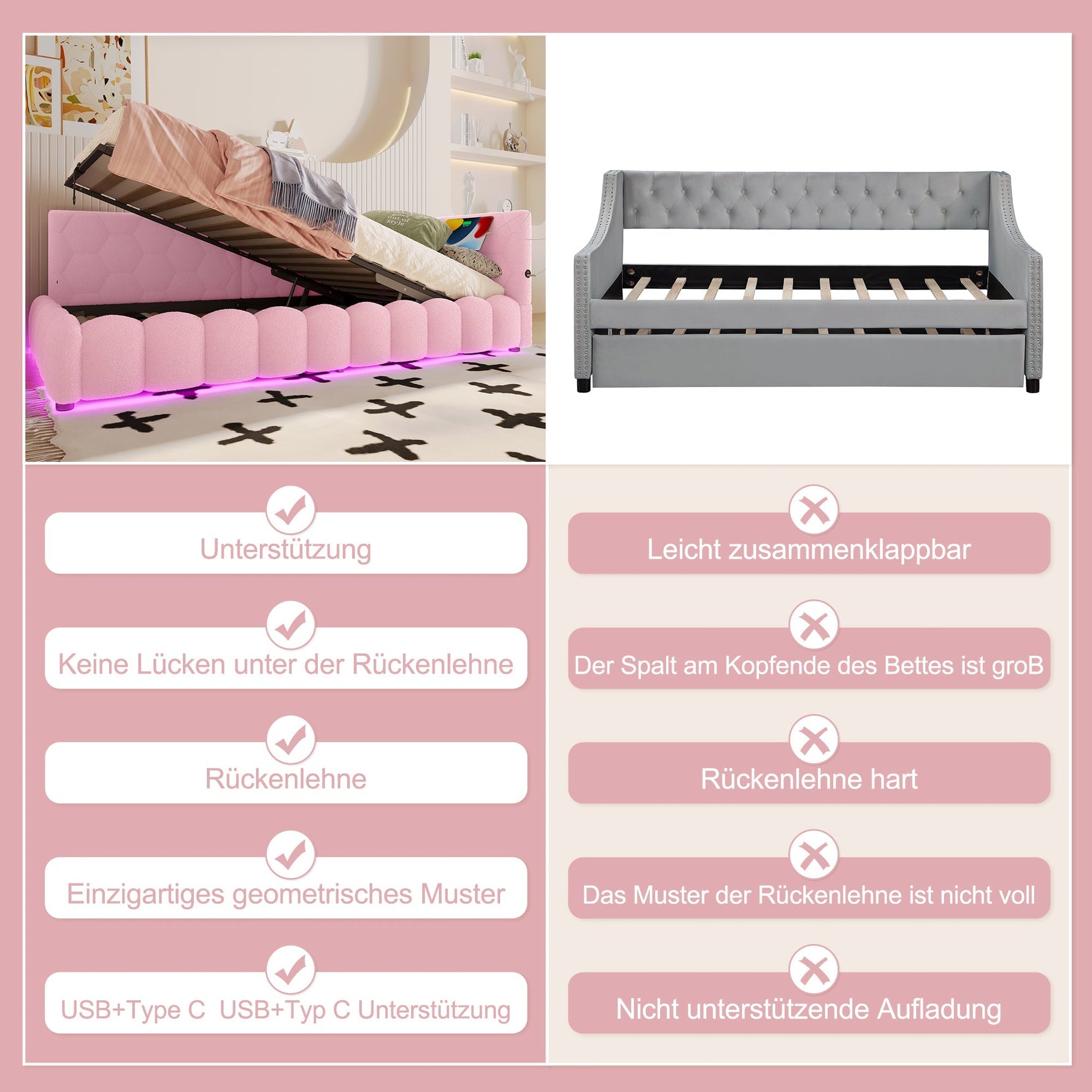 Daybed with LED Light, Hydraulic Storage and USB Charging, Pink Imitation Fleece