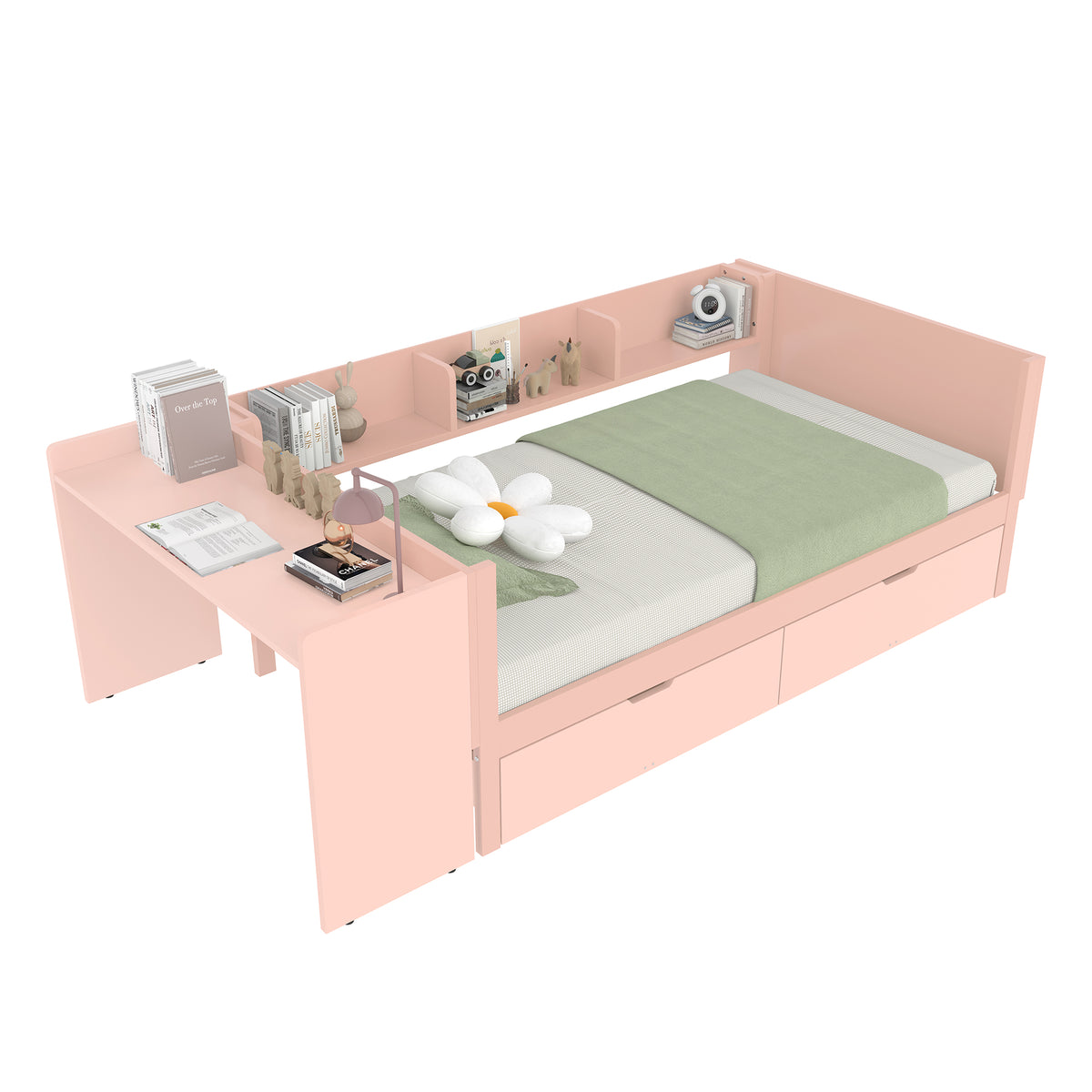 Wooden Single Bed 90x200 with Desk, Drawers & Shelves, Pink