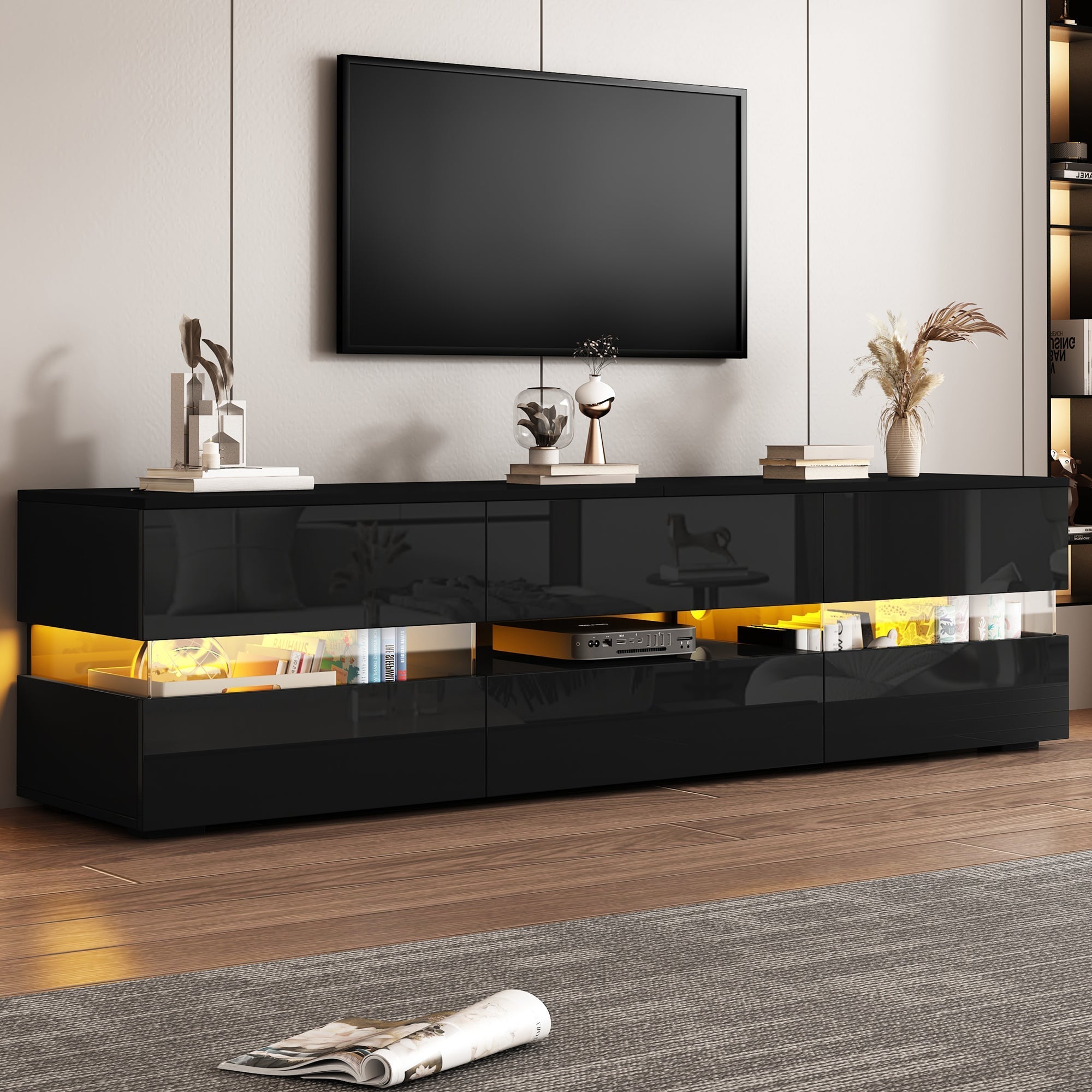 Modern High-Gloss TV Cabinet 160x39x45cm LED 2 Doors 1 Drawer - Black
