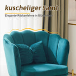 Modern velvet armchair, comfortable upholstered with petal back, gold-plated metal legs and butterfly cushion