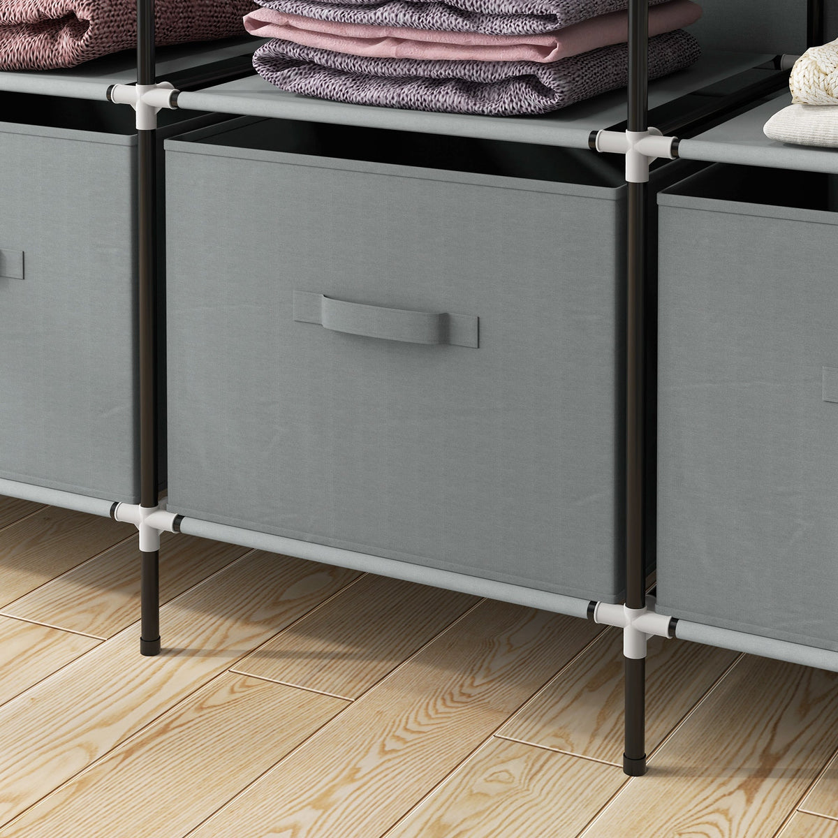Fabric Wardrobe, Clothes Rail 10 Compartments 4 Drawers, Dark Grey