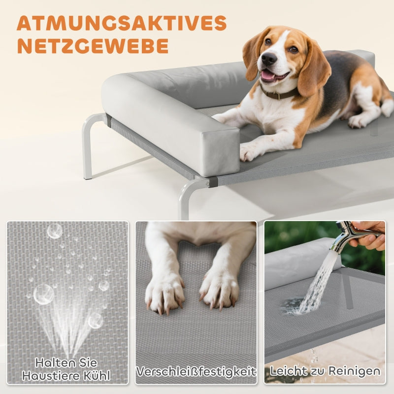 Outdoor Dog Bed, Raised with L-Shaped Cushion for Medium Dogs, Light Grey