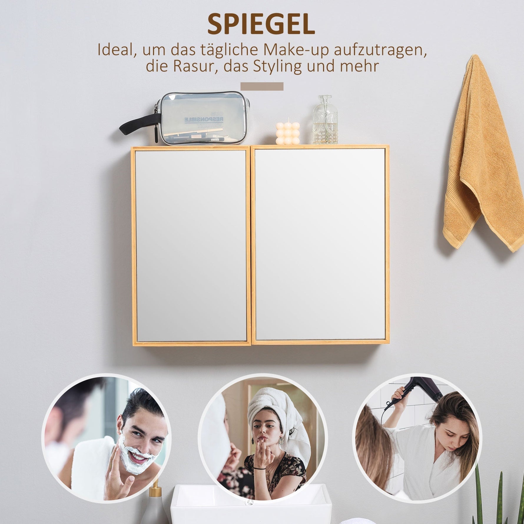 Bathroom Mirror Cabinet Double Door 3 Shelves Wall-Mounted Bamboo Natural
