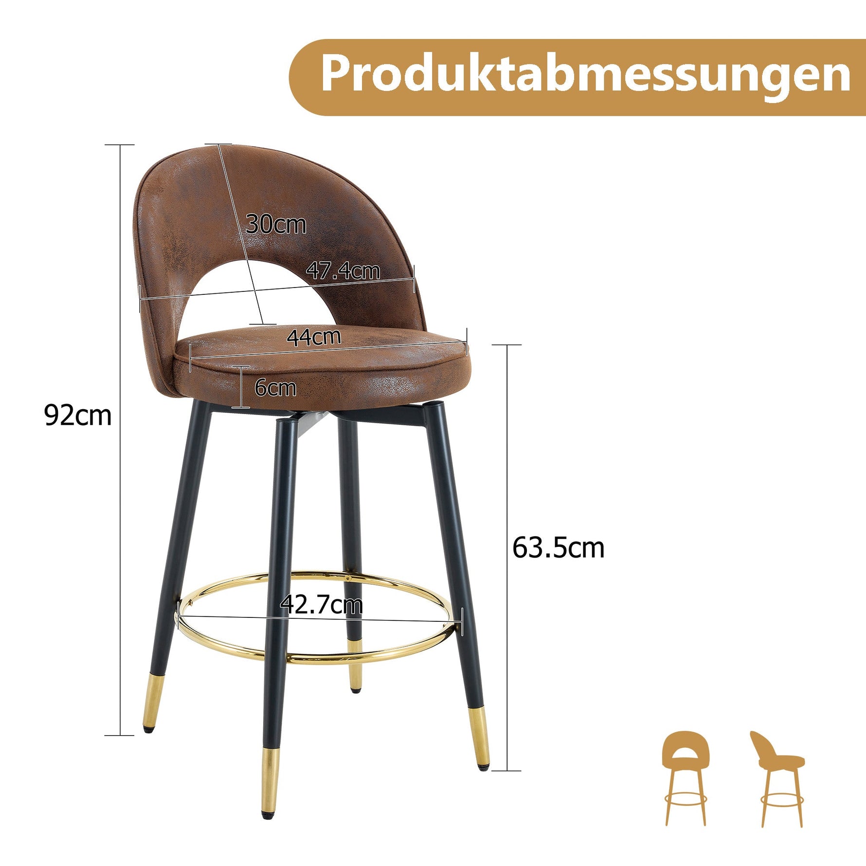Bar Stool, 360° Swivel Padded Set of 2, Brown Technical Fabric