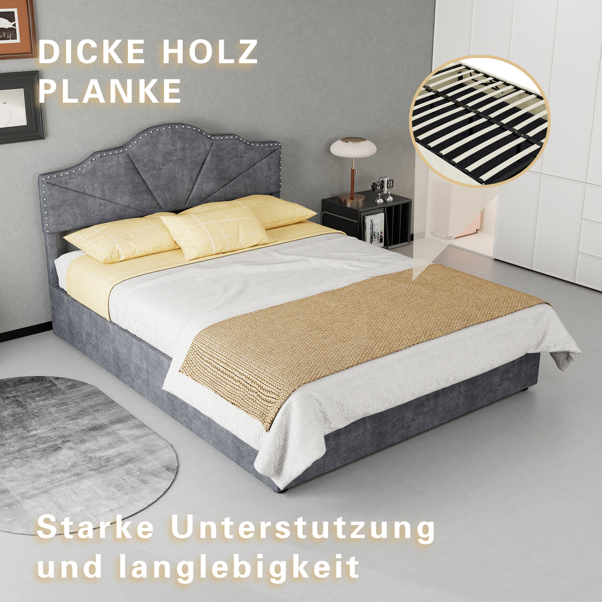Modern Soft Bed 140x200cm with Mattress & Storage - Gray