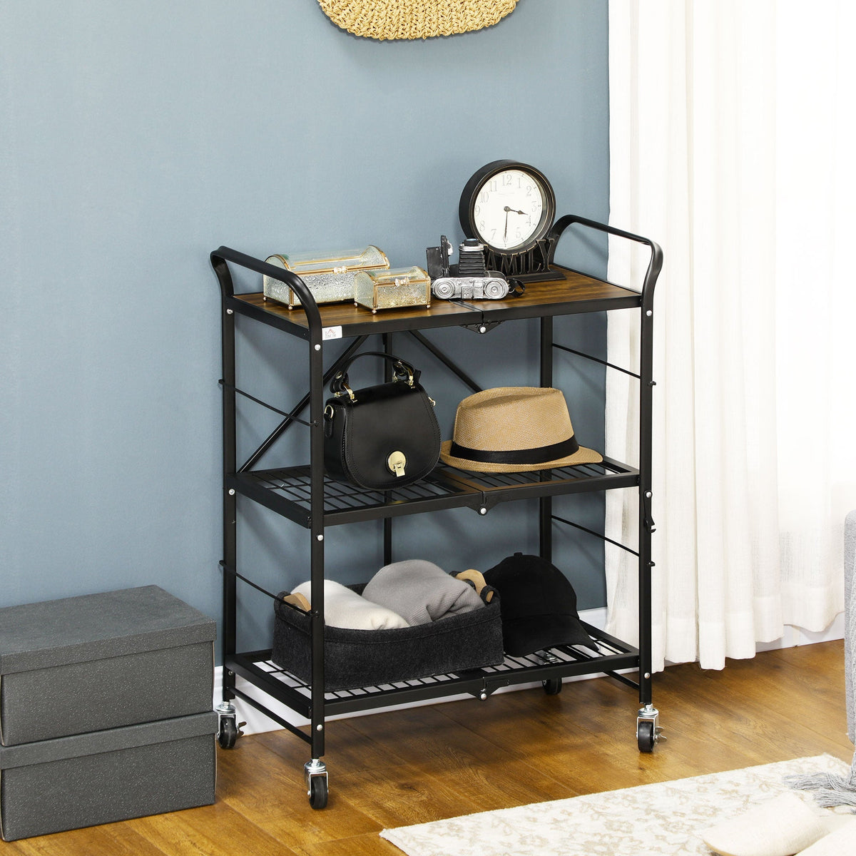 Folding Kitchen Cart, 3 Levels & Handle, Steel, Brown+Black