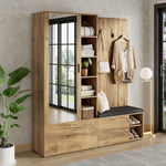 Wardrobe Set with Mirror, Shoe Bench and Coat Rack, Wood Color