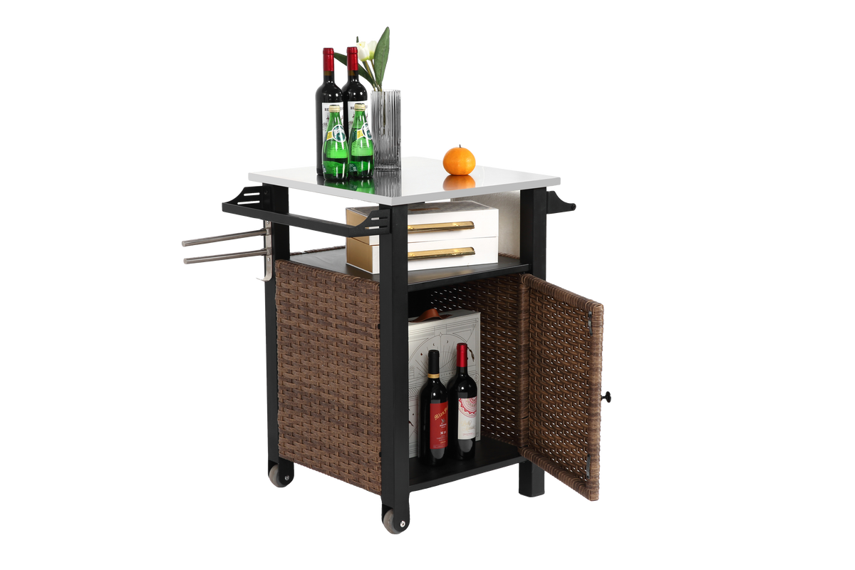 Bar Cart, Outdoor Kitchen Wicker Island Rolling with Stainless Steel Top, Brown