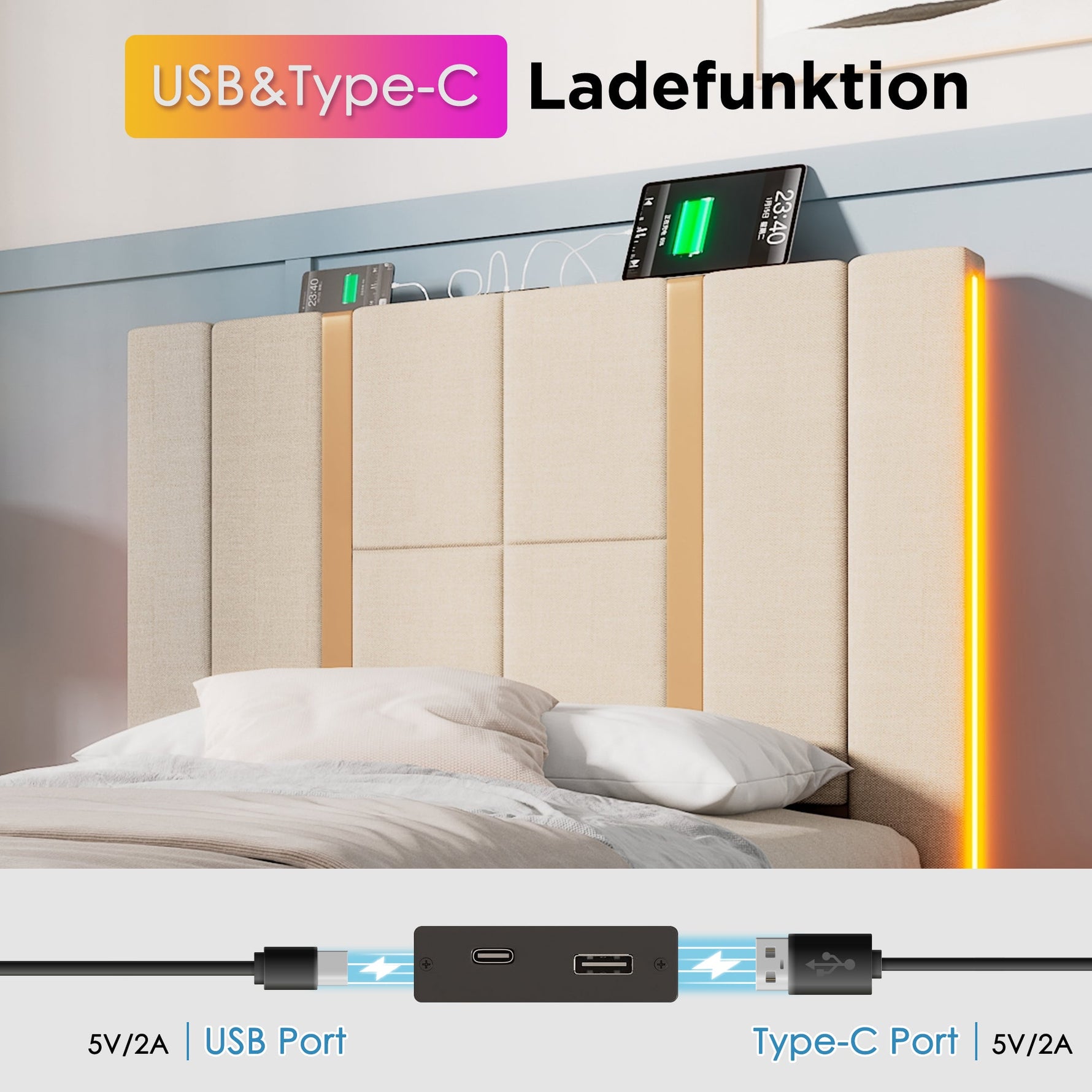 Upholstered Bed, USB-C LED Single with Storage, Beige Linen