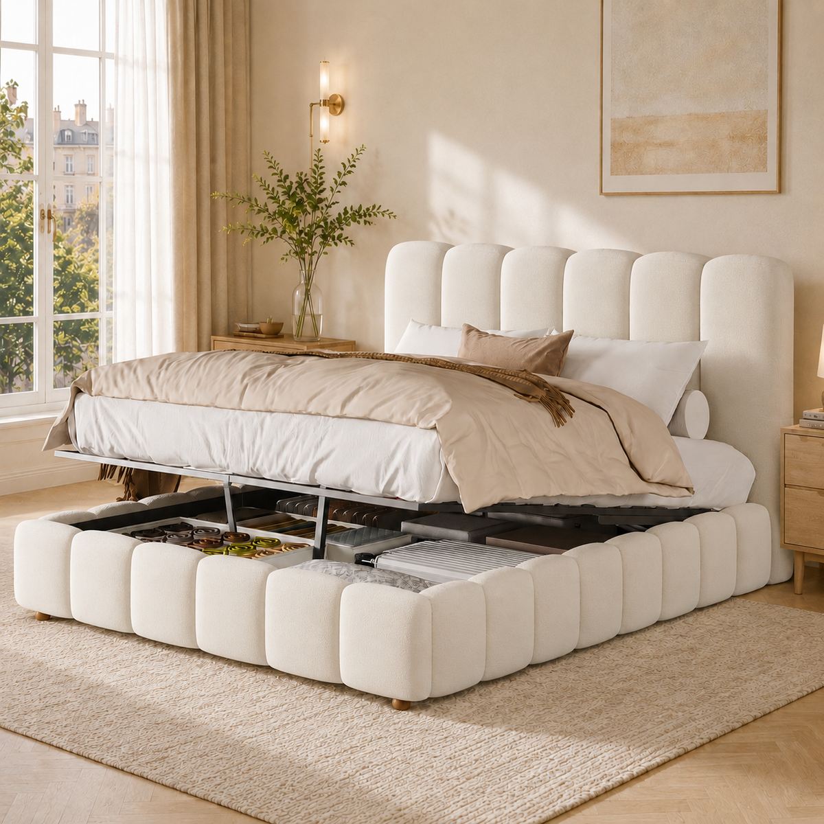 Upholstered Hydraulic Bed 140x190cm with Storage, Beige Velvet