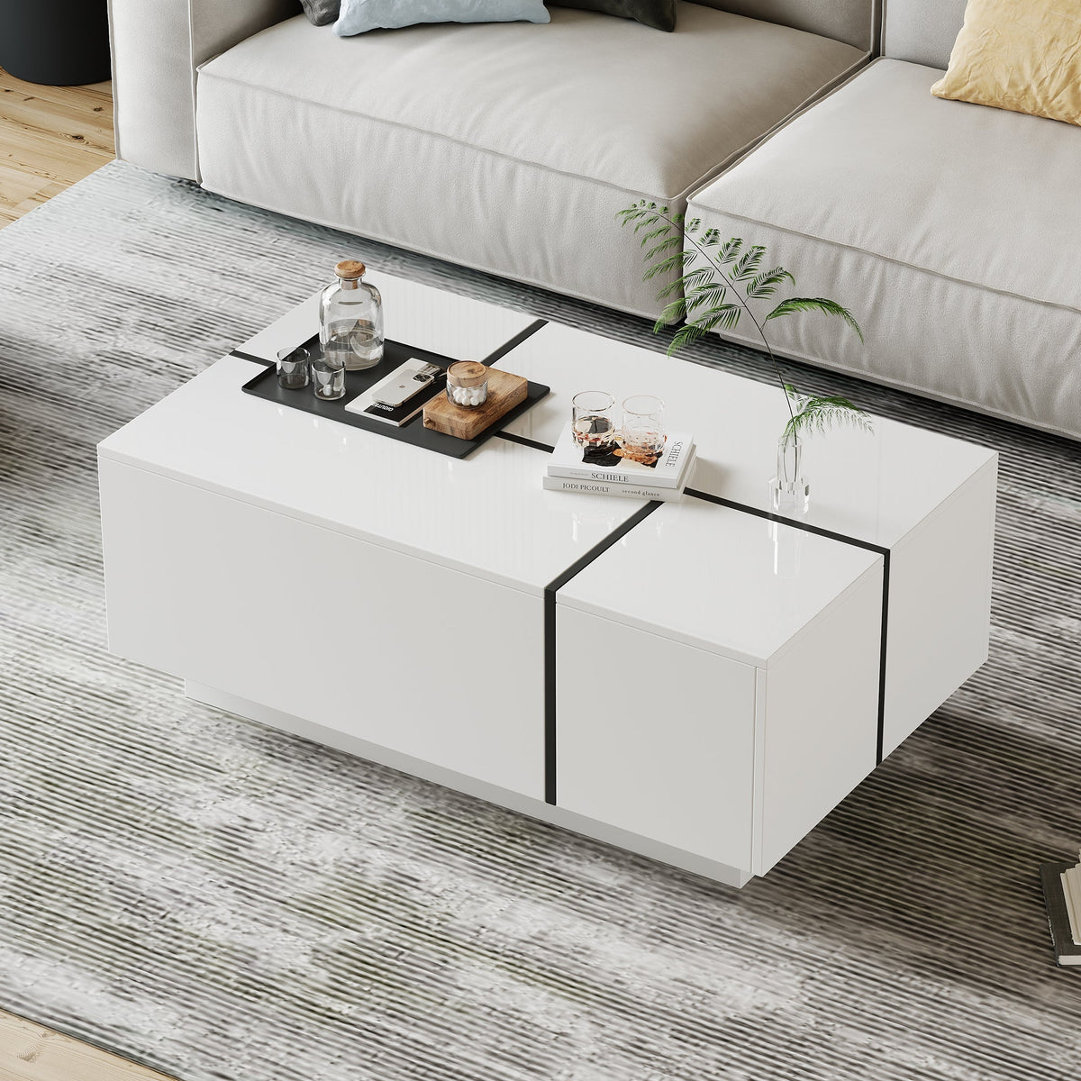 Coffee Table Square, 4 Drawers Sliding Top High-Gloss Finish, White