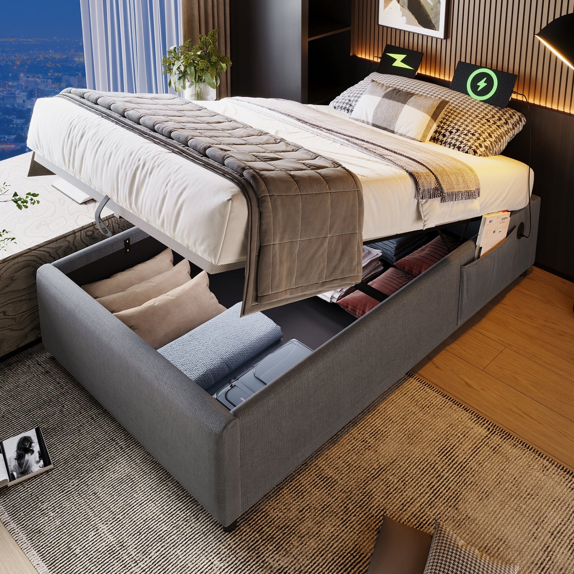 Upholstered Single Bed, 90x190 cm with USB-C, Grey Cotton