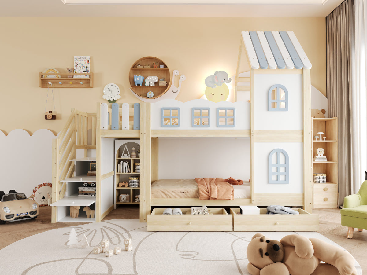 Children's Bunk Bed 90x200cm with Roof & Storage Ladder, White