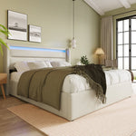 Hydraulic Storage Bed with LED Lighting and Remote Control, 160x200cm, White Upholstered