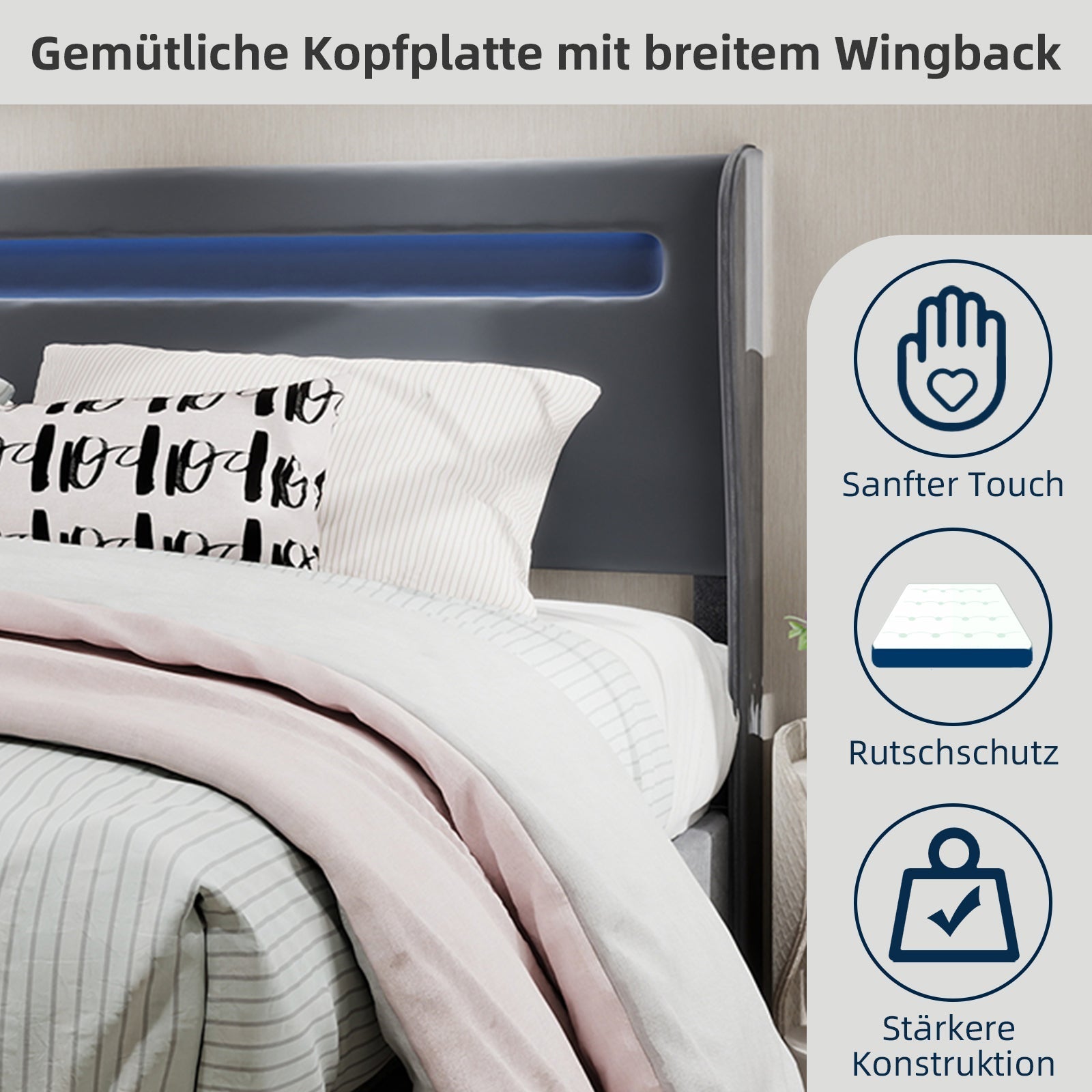 Upholstered Bed, Modern Minimalist LED Headboard, 160x200 cm, Grey