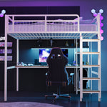 Metal Loft Bed 140*200 cm with Ladder, Table & Shelf, White