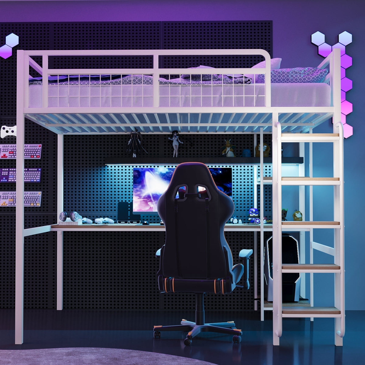 Metal Loft Bed 140*200 cm with Ladder, Table & Shelf, White