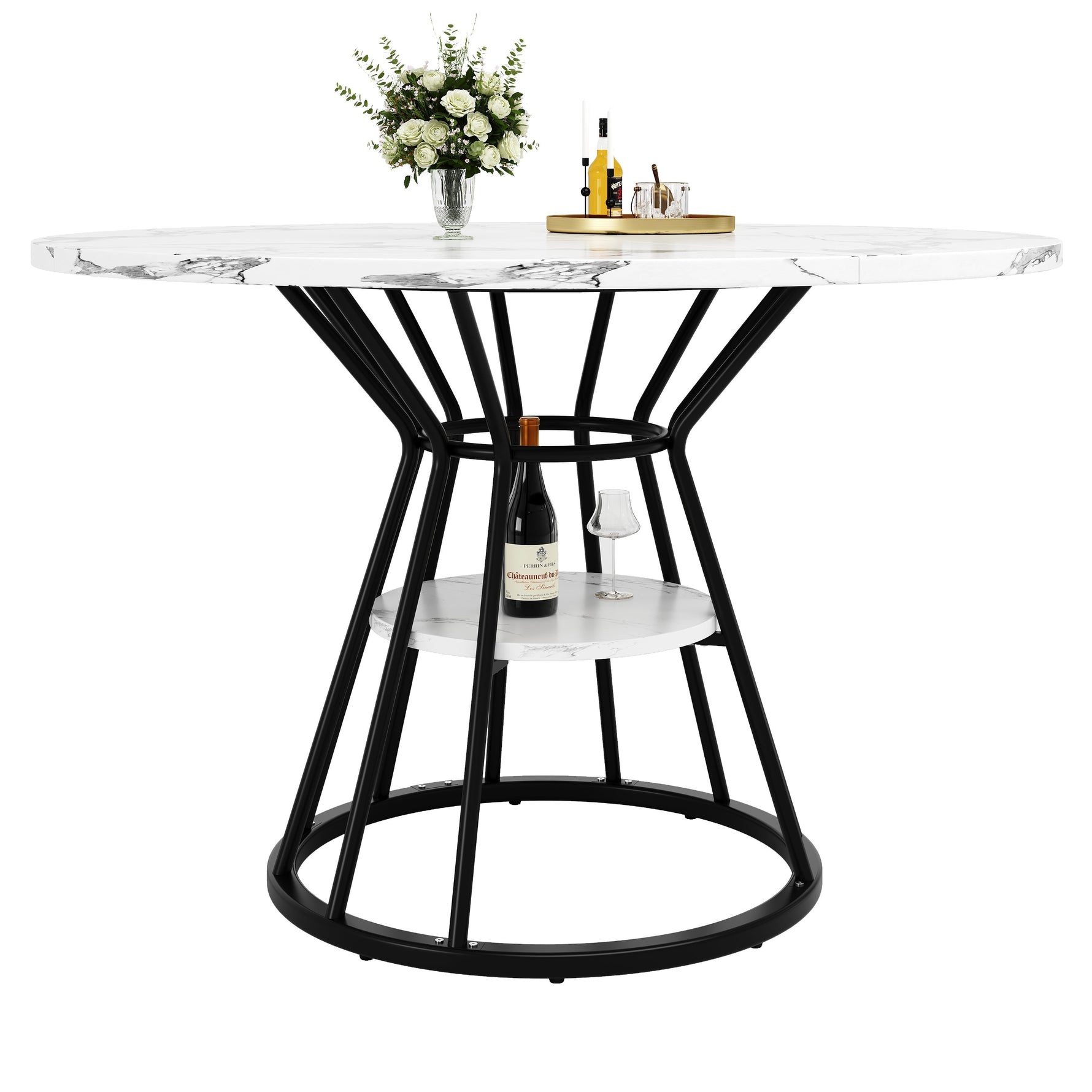 5-Piece Round Dining Table Set with 4 Velvet Chairs and Marble Top, Black