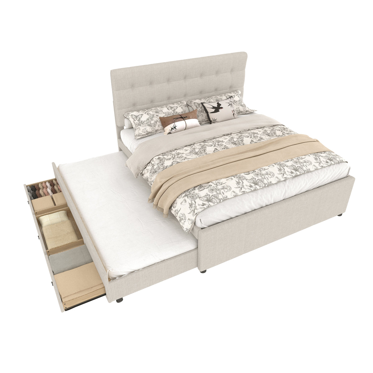 Upholstered Bed 140x200cm Extendable 3 Drawers Adjustable Headboard - Beige