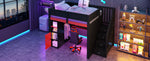 Gaming Wooden Loft Bed with Desk, Multi-Tier Storage, LED Lighting, USB Port and Staircase, Black and Red