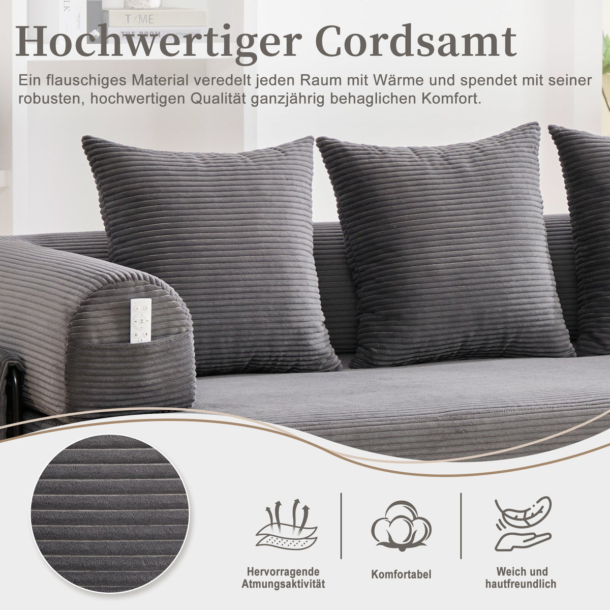 Sofa Foldable Metal Frame with 3 Cushions Side Pockets Dark Grey