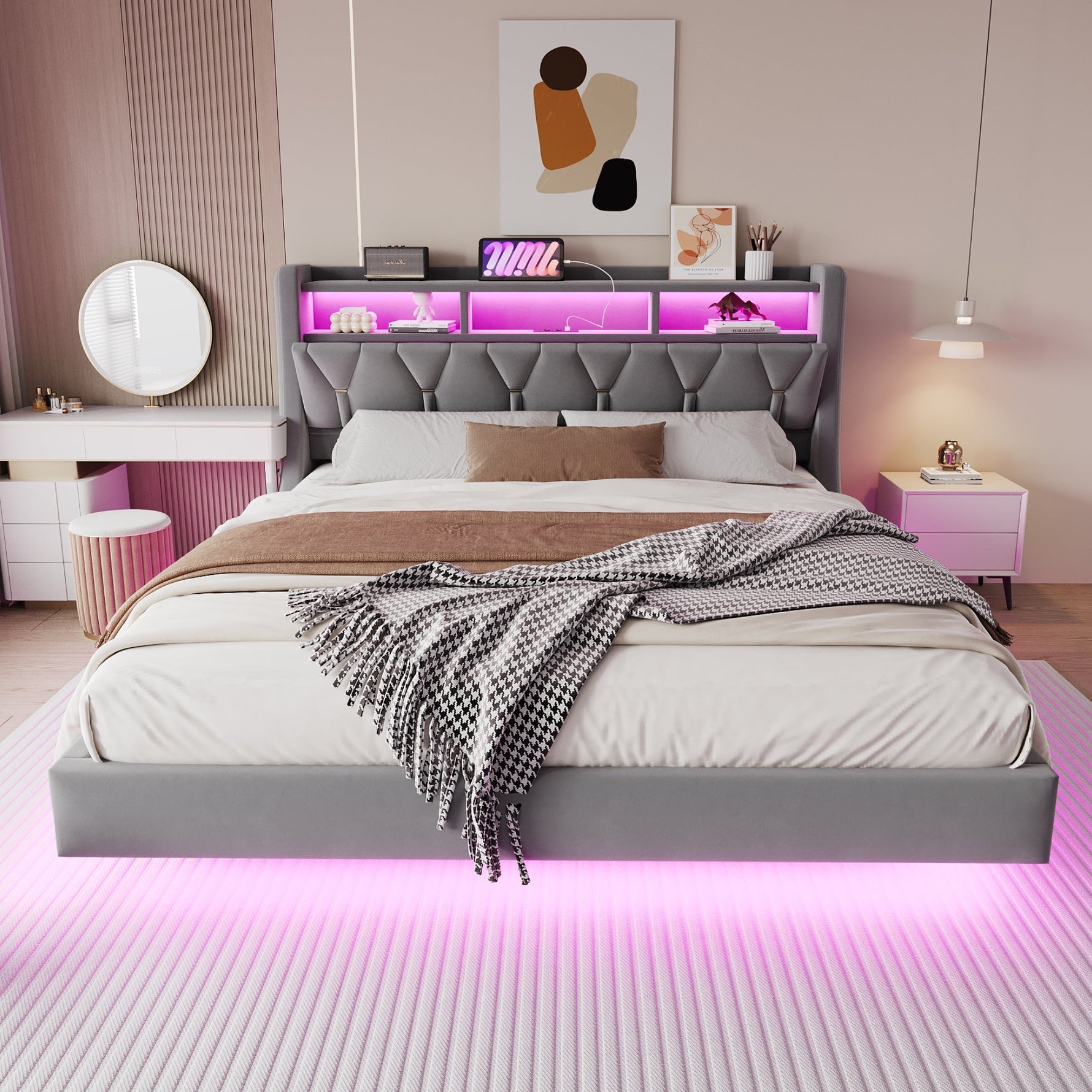Upholstered Bed 180x200 cm, Fold-Down Headboard with Socket Storage & LED Lighting, Floating Design, Velvet Grey
